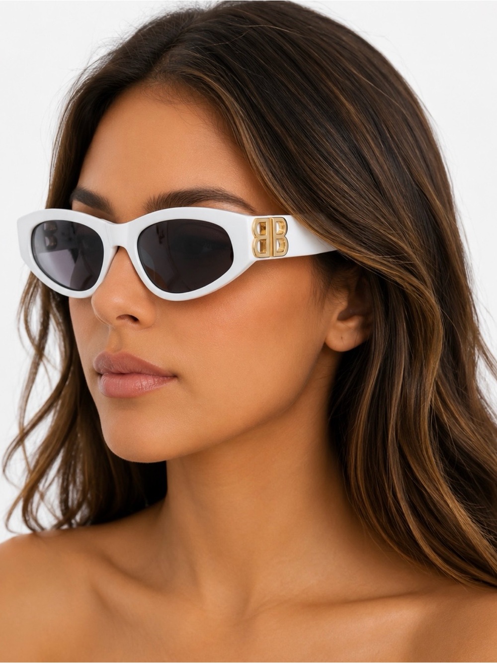Balenciaga White Rectangle Sunglasses with Gold BB Hardware